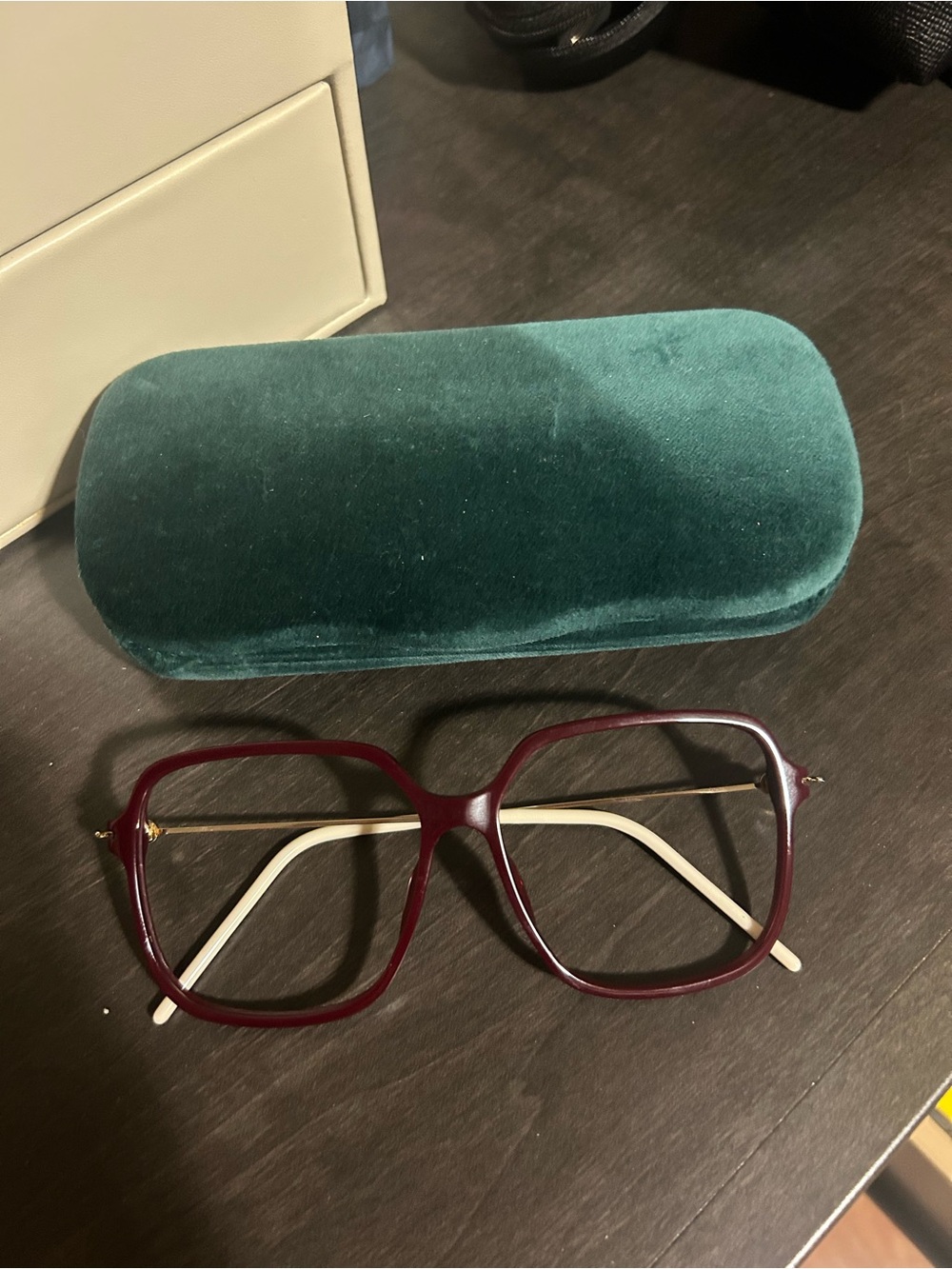 Gucci Burgundy and Cream Oversized Square Optical Glasses with Velvet Case